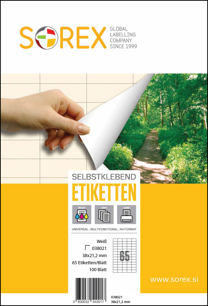 Etiketa laser/inkjet/copy  38,0x21,2 Sorex 100/1